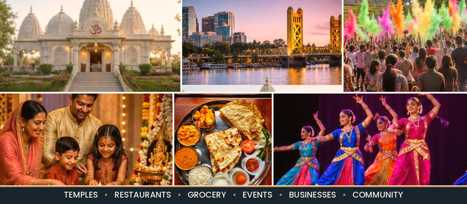 Sacramento South Asian Business & Community Directory — a collage of South Asian cultural life in Sacramento including festivals, temples, food, dance, and community members